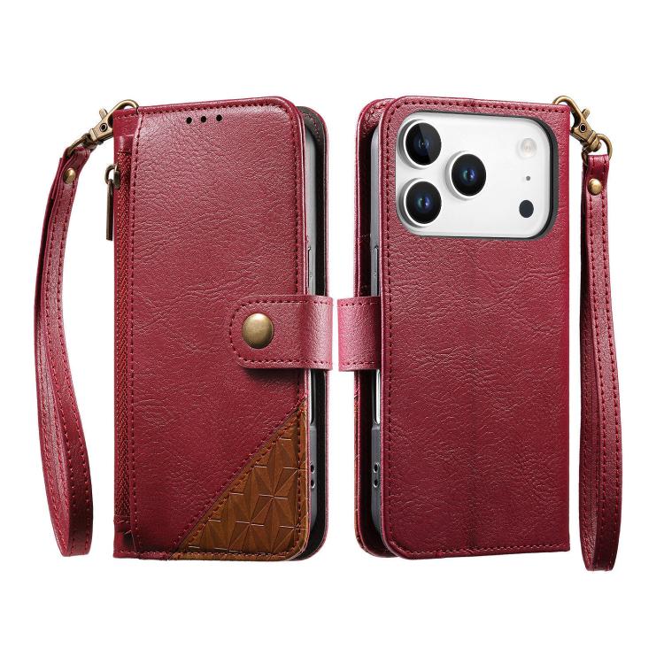 Splicing Zipper Wallet Vegan Leather Phone Case with Strap, For iPhone 17 Pro Max, For iPhone 17 Pro, For iPhone 17, For iPhone Air