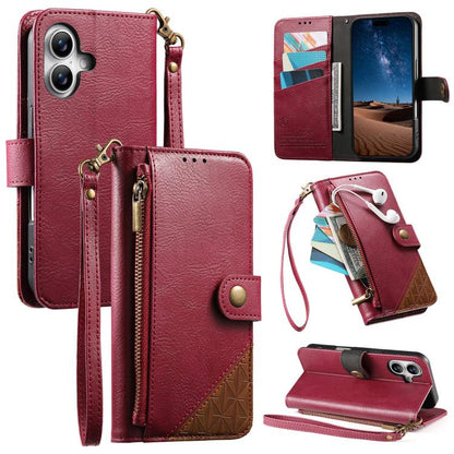 Splicing Zipper Wallet Vegan Leather Phone Case with Strap, For iPhone 16 Pro Max, For iPhone 16 Pro, For iPhone 16 Plus, For iPhone 16