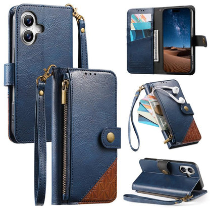 Splicing Zipper Wallet Vegan Leather Phone Case with Strap, For iPhone 16 Pro Max, For iPhone 16 Pro, For iPhone 16 Plus, For iPhone 16
