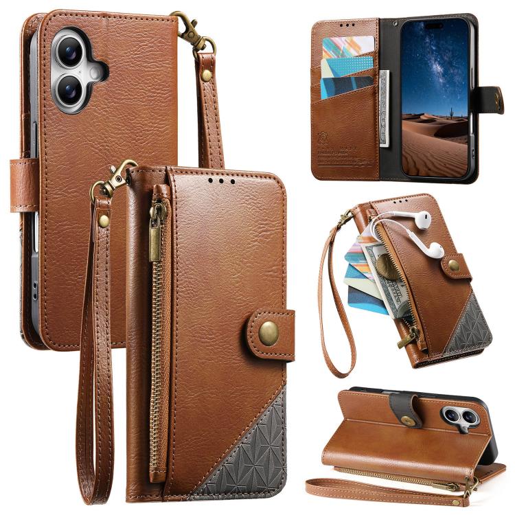 Splicing Zipper Wallet Vegan Leather Phone Case with Strap, For iPhone 16 Pro Max, For iPhone 16 Pro, For iPhone 16 Plus, For iPhone 16
