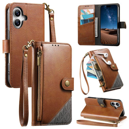 Splicing Zipper Wallet Vegan Leather Phone Case with Strap, For iPhone 16 Pro Max, For iPhone 16 Pro, For iPhone 16 Plus, For iPhone 16