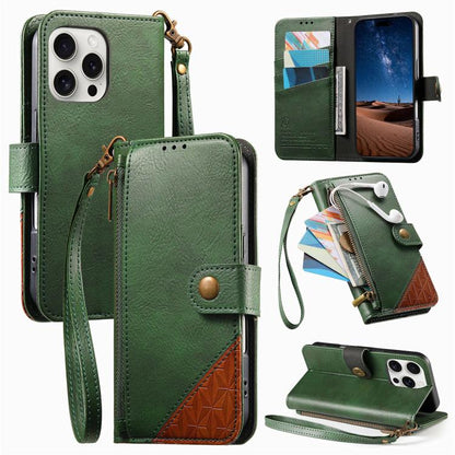 Splicing Zipper Wallet Vegan Leather Phone Case with Strap, For iPhone 16 Pro Max, For iPhone 16 Pro, For iPhone 16 Plus, For iPhone 16