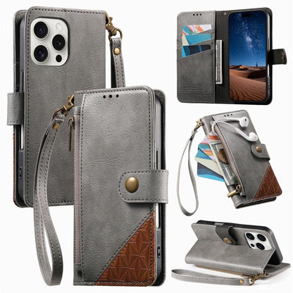 Splicing Zipper Wallet Vegan Leather Phone Case with Strap, For iPhone 16 Pro Max, For iPhone 16 Pro, For iPhone 16 Plus, For iPhone 16