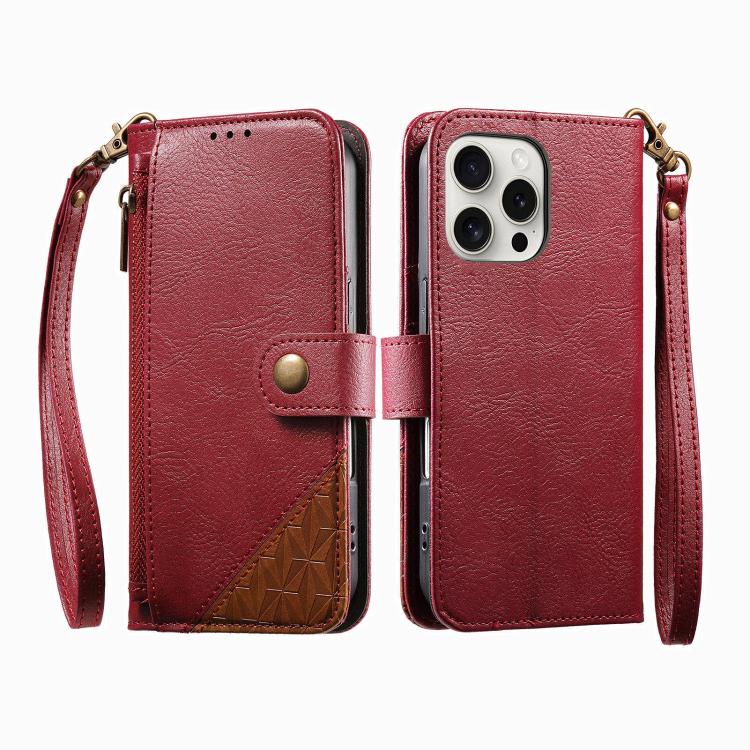 Splicing Zipper Wallet Vegan Leather Phone Case with Strap, For iPhone 16 Pro Max, For iPhone 16 Pro, For iPhone 16 Plus, For iPhone 16
