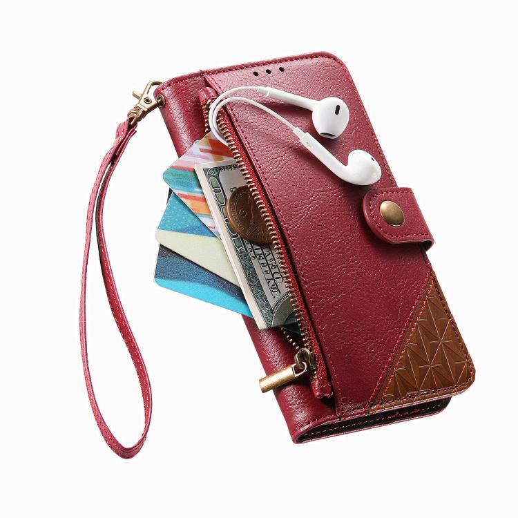 Splicing Zipper Wallet Vegan Leather Phone Case with Strap, For iPhone 16 Pro Max, For iPhone 16 Pro, For iPhone 16 Plus, For iPhone 16