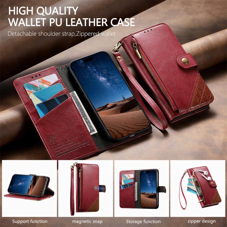 Splicing Zipper Wallet Vegan Leather Phone Case with Strap, For iPhone 16 Pro Max, For iPhone 16 Pro, For iPhone 16 Plus, For iPhone 16