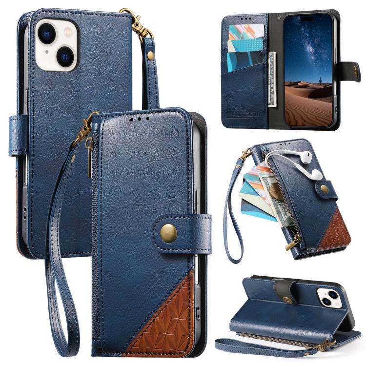 Splicing Zipper Wallet Vegan Leather Phone Case with Strap, For iPhone 15 Pro Max, For iPhone 15 Pro, For iPhone 15 Plus, For iPhone 15