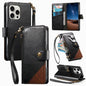 Splicing Zipper Wallet Vegan Leather Phone Case with Strap, For iPhone 15 Pro Max, For iPhone 15 Pro, For iPhone 15 Plus, For iPhone 15