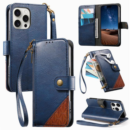 Splicing Zipper Wallet Vegan Leather Phone Case with Strap, For iPhone 15 Pro Max, For iPhone 15 Pro, For iPhone 15 Plus, For iPhone 15