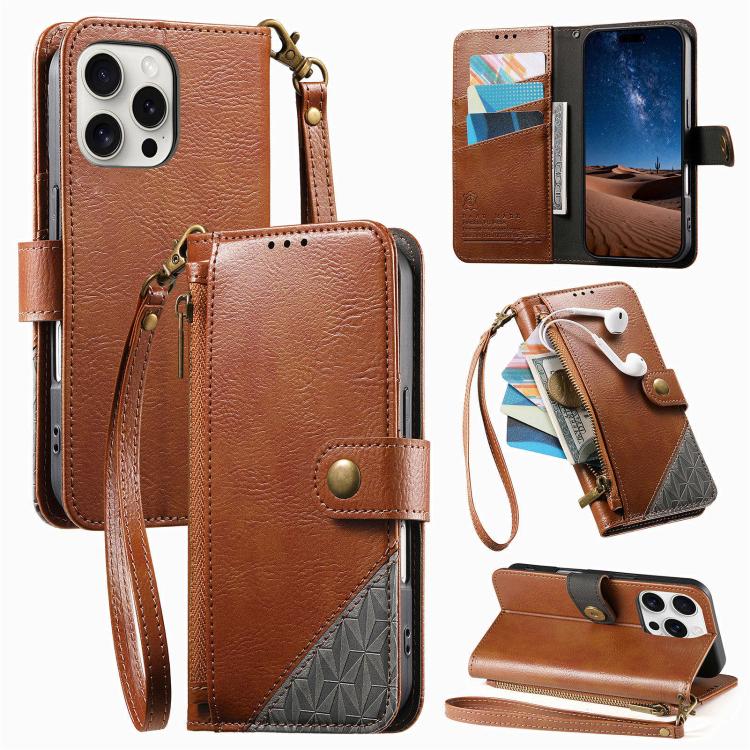 Splicing Zipper Wallet Vegan Leather Phone Case with Strap, For iPhone 15 Pro Max, For iPhone 15 Pro, For iPhone 15 Plus, For iPhone 15