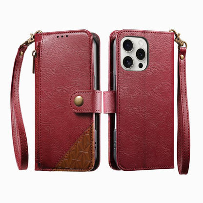 Splicing Zipper Wallet Vegan Leather Phone Case with Strap, For iPhone 15 Pro Max, For iPhone 15 Pro, For iPhone 15 Plus, For iPhone 15