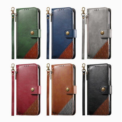 Splicing Zipper Wallet Vegan Leather Phone Case with Strap, For iPhone 15 Pro Max, For iPhone 15 Pro, For iPhone 15 Plus, For iPhone 15