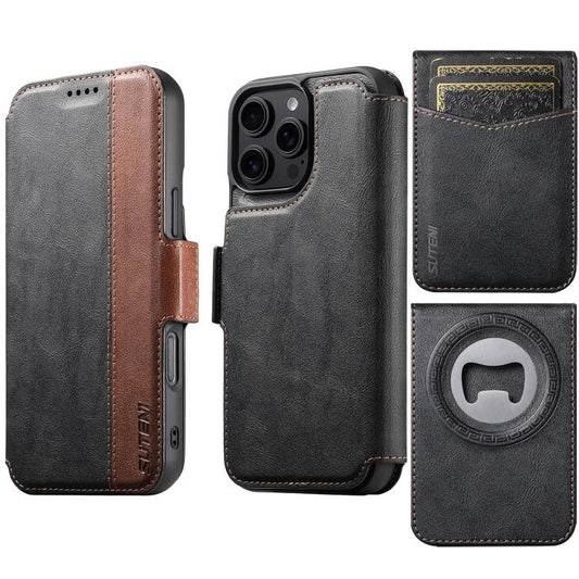 Suteni Q07S5 3-in-1 Detachable Bottle Opener Card Bag Magnetic Left-Right Spliced Vegan Leather Phone Case, For iPhone 13 Pro Max, For iPhone 13 Pro, For iPhone 13, For iPhone 12, For iPhone 12 Pro Max, For iPhone 12 Pro