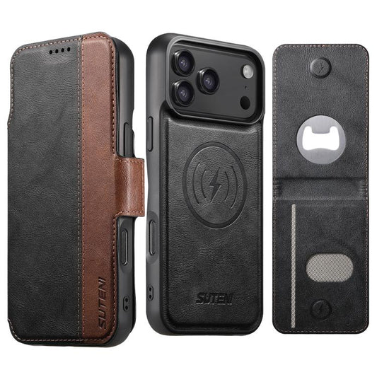 Suteni Q07S5 3-in-1 Detachable Bottle Opener Card Bag Magnetic Left-Right Spliced Vegan Leather Phone Case, For iPhone 18 Pro / 17 Pro, For iPhone 18 Pro Max / 17 Pro Max, For iPhone 17, For iPhone Air, For iPhone 16 Pro Max, For iPhone 16 Pro         ...