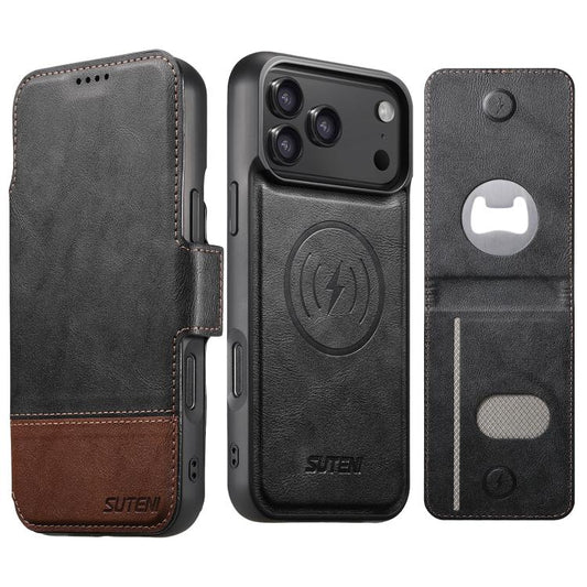 Suteni Q06S5 3-in-1 Detachable Bottle Opener Card Bag Magnetic Top-Bottom Spliced Vegan Leather Phone Case, For iPhone 18 Pro / 17 Pro, For iPhone 18 Pro Max / 17 Pro Max, For iPhone 17, For iPhone Air, For iPhone 16 Pro Max, For iPhone 16 Pro         ...