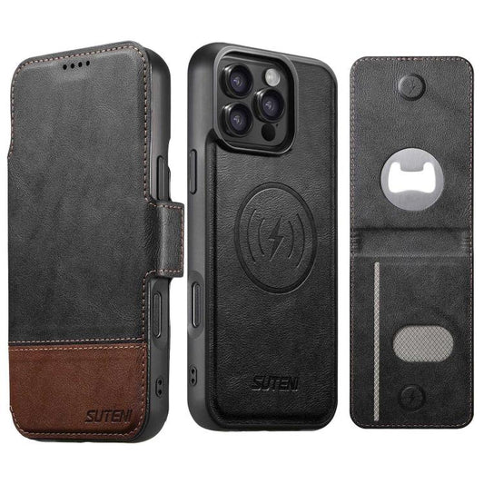 Suteni Q06S5 3-in-1 Detachable Bottle Opener Card Bag Magnetic Top-Bottom Spliced Vegan Leather Phone Case, For iPhone 15 Pro Max, For iPhone 15 Pro, For iPhone 15 Plus, For iPhone 15, For iPhone 14 Plus, For iPhone 14, For iPhone 14 Pro