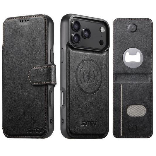 Suteni Q05S5 3-in-1 Detachable Bottle Opener Card Bag Magnetic Cowhide Vegan Leather Phone Case, For iPhone 18 Pro / 17 Pro, For iPhone 18 Pro Max / 17 Pro Max, For iPhone 17, For iPhone Air, For iPhone 16 Pro Max, For iPhone 16 Pro, For iPhone 16 Plus...
