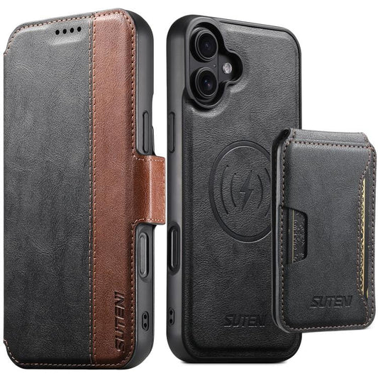 Suteni Q07S3 Left-Right Splicing Cowhide Pattern Flip Side Card Wallet Removable Magnetic Phone Case, For iPhone 16 Plus, For iPhone 16, For iPhone 15 Pro Max, For iPhone 15 Pro, For iPhone 15 Plus, For iPhone 15, For iPhone 14 Plus, For iPhone 14