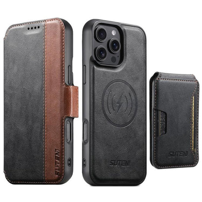 Suteni Q07S3 Left-Right Splicing Cowhide Pattern Flip Side Card Wallet Removable Magnetic Phone Case, For iPhone 12 Pro