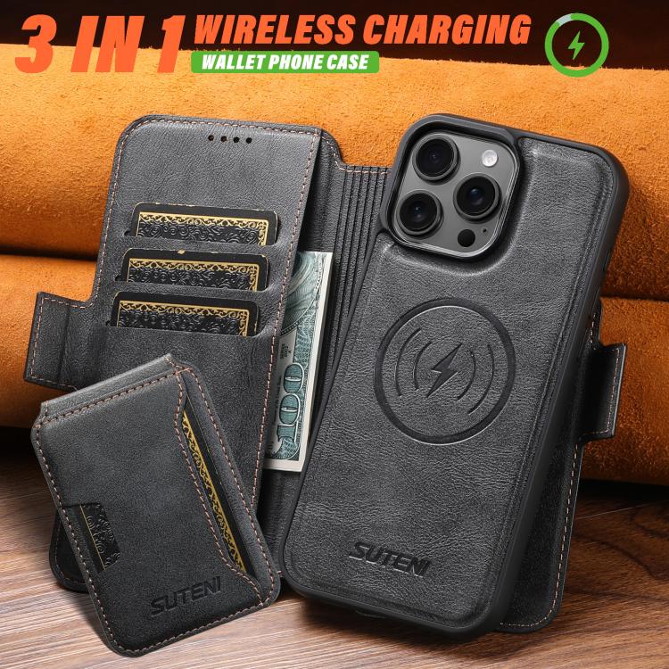 Suteni Q07S3 Left-Right Splicing Cowhide Pattern Flip Side Card Wallet Removable Magnetic Phone Case, For iPhone 12 Pro