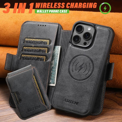Suteni Q07S3 Left-Right Splicing Cowhide Pattern Flip Side Card Wallet Removable Magnetic Phone Case, For iPhone 12 Pro