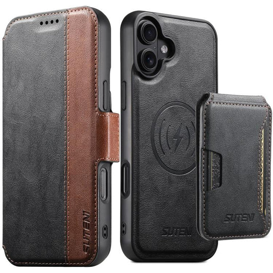 Suteni Q07S3 Left-Right Splicing Cowhide Pattern Flip Side Card Wallet Removable Magnetic Phone Case, For iPhone 18, For iPhone 18 Pro, For iPhone 18 Pro Max, For iPhone 17 Pro Max, For iPhone 17 Pro, For iPhone 17, For iPhone Air, For iPhone 16 Pro Max
