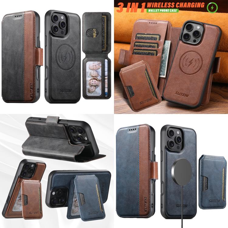 Suteni Q07S3 Left-Right Splicing Cowhide Pattern Flip Side Card Wallet Removable Magnetic Phone Case, For iPhone 12 Pro