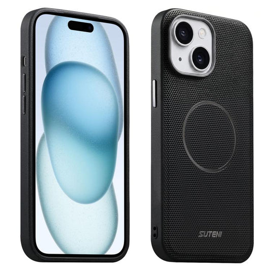 Suteni G8 Magnetic Triangle Texture Vegan Leather Back Phone Case, For iPhone 15, For iPhone 14 / 13, For iPhone 14 Pro, For iPhone 14 Pro Max
