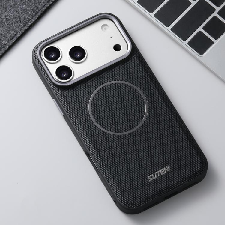 Suteni G8 Magnetic Triangle Texture Vegan Leather Back Phone Case, For iPhone 15, For iPhone 14 / 13, For iPhone 14 Pro, For iPhone 14 Pro Max