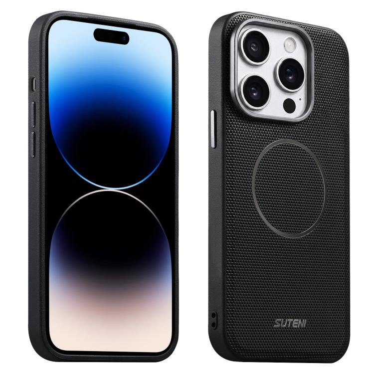 Suteni G8 Magnetic Triangle Texture Vegan Leather Back Phone Case, For iPhone 15, For iPhone 14 / 13, For iPhone 14 Pro, For iPhone 14 Pro Max