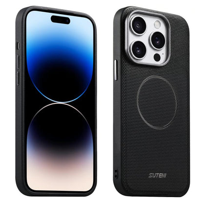 Suteni G8 Magnetic Triangle Texture Vegan Leather Back Phone Case, For iPhone 15, For iPhone 14 / 13, For iPhone 14 Pro, For iPhone 14 Pro Max