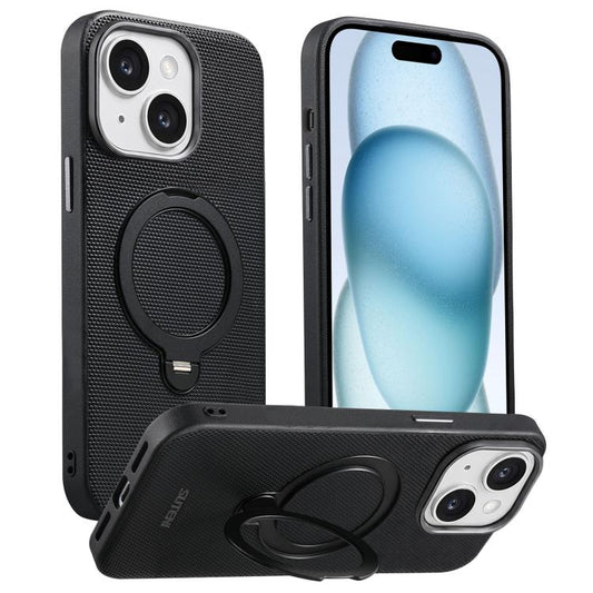 Suteni G7 360 Rotation Magnetic Holder Triangle Texture Vegan Leather Back Phone Case, For iPhone 15, For iPhone 14 / 13, For iPhone 14 Pro, For iPhone 14 Pro Max