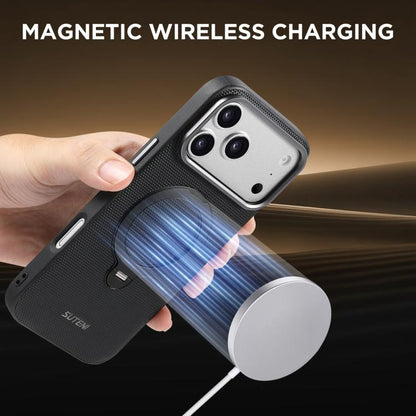 Suteni G7 360 Rotation Magnetic Holder Triangle Texture Vegan Leather Back Phone Case, For iPhone 15, For iPhone 14 / 13, For iPhone 14 Pro, For iPhone 14 Pro Max