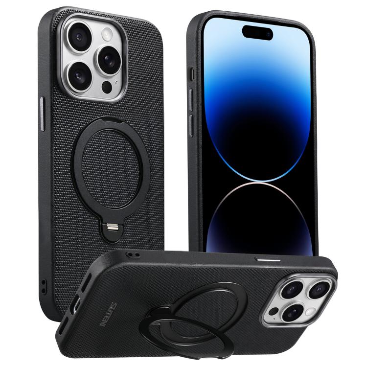 Suteni G7 360 Rotation Magnetic Holder Triangle Texture Vegan Leather Back Phone Case, For iPhone 15, For iPhone 14 / 13, For iPhone 14 Pro, For iPhone 14 Pro Max