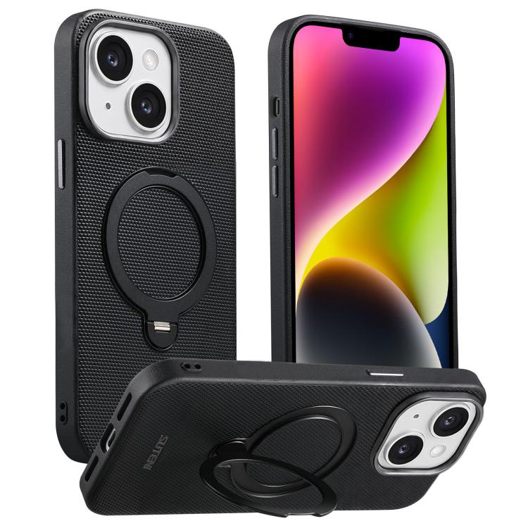 Suteni G7 360 Rotation Magnetic Holder Triangle Texture Vegan Leather Back Phone Case, For iPhone 15, For iPhone 14 / 13, For iPhone 14 Pro, For iPhone 14 Pro Max