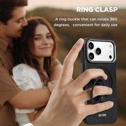 Suteni G7 360 Rotation Magnetic Holder Triangle Texture Vegan Leather Back Phone Case, For iPhone 15, For iPhone 14 / 13, For iPhone 14 Pro, For iPhone 14 Pro Max