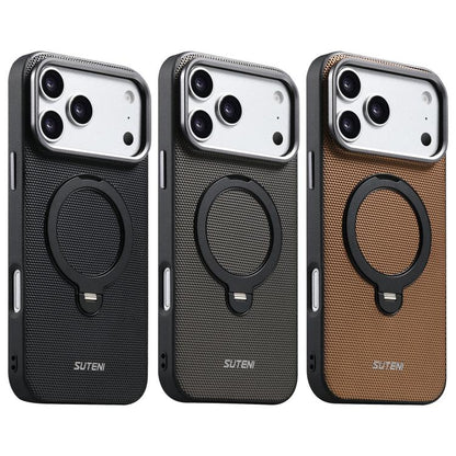 Suteni G7 360 Rotation Magnetic Holder Triangle Texture Vegan Leather Back Phone Case, For iPhone 15, For iPhone 14 / 13, For iPhone 14 Pro, For iPhone 14 Pro Max