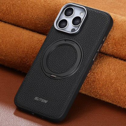 Suteni G9 Large Lychee Pattern Magnetic Holder Phone Case, For iPhone 15 Pro Max, For iPhone 15 Pro, For iPhone 15