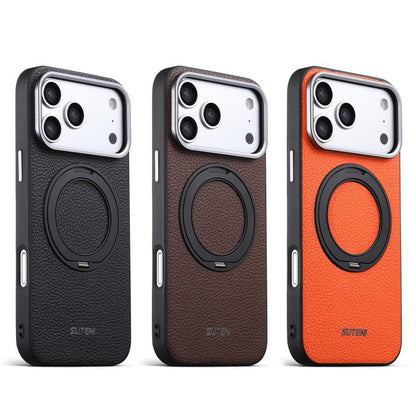 Suteni G9 Large Lychee Pattern Magnetic Holder Phone Case, For iPhone 15 Pro Max, For iPhone 15 Pro, For iPhone 15