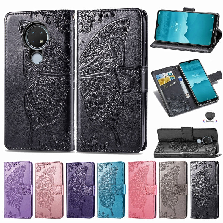 For Nokia 6.2 / 7.2 Butterfly Love Flower Embossed Horizontal Flip Leather Case with Bracket Lanyard Card Slot Wallet