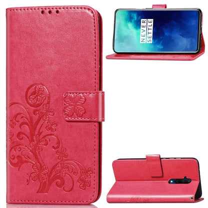 For One Plus 7T Pro Four-leaf Clasp Embossed Buckle Mobile Phone Protection Leather Case with Lanyard & Card Slot & Wallet & Bracket Function