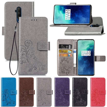 For One Plus 7T Pro Four-leaf Clasp Embossed Buckle Mobile Phone Protection Leather Case with Lanyard & Card Slot & Wallet & Bracket Function