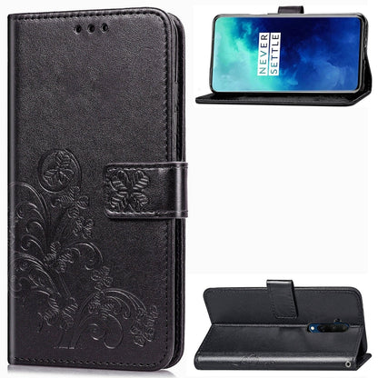 For One Plus 7T Pro Four-leaf Clasp Embossed Buckle Mobile Phone Protection Leather Case with Lanyard & Card Slot & Wallet & Bracket Function