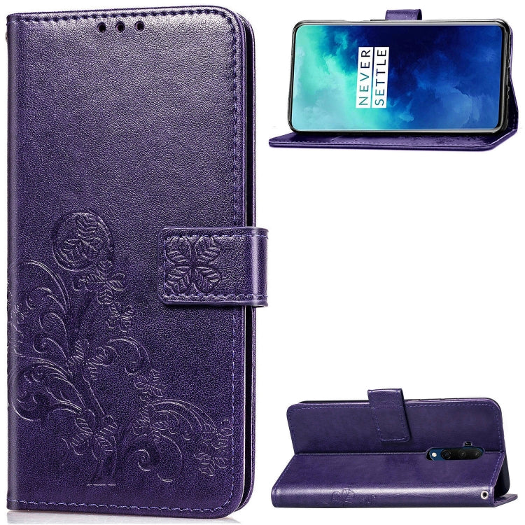 For One Plus 7T Pro Four-leaf Clasp Embossed Buckle Mobile Phone Protection Leather Case with Lanyard & Card Slot & Wallet & Bracket Function