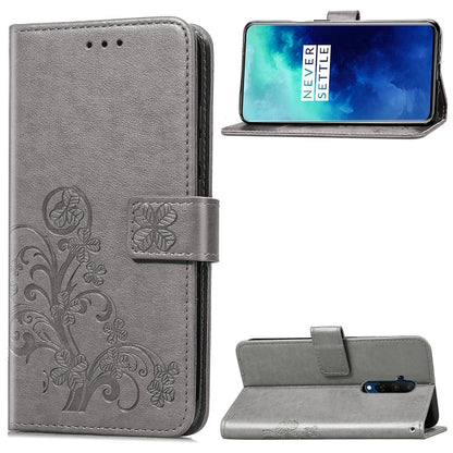 For One Plus 7T Pro Four-leaf Clasp Embossed Buckle Mobile Phone Protection Leather Case with Lanyard & Card Slot & Wallet & Bracket Function