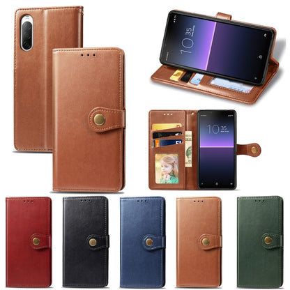 For Sony Xperia 10 II Retro Solid Color Leather Buckle Phone Case with Lanyard & Photo Frame & Card Slot & Wallet & Stand Function