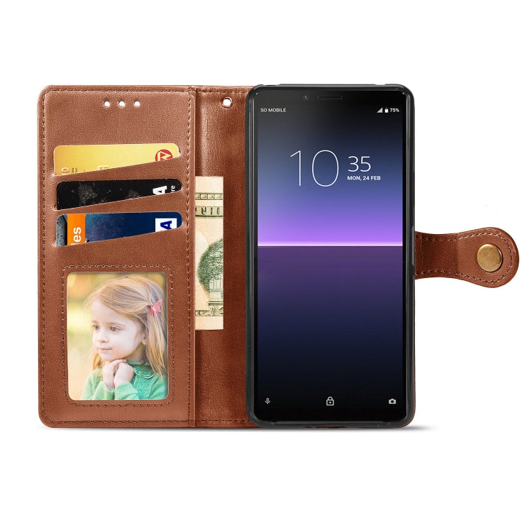 For Sony Xperia 10 II Retro Solid Color Leather Buckle Phone Case with Lanyard & Photo Frame & Card Slot & Wallet & Stand Function