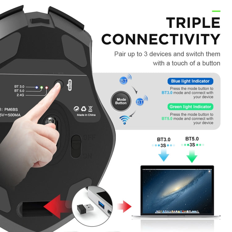 Inphic A1 6 Keys 1000/1200/1600 DPI Home Gaming Wireless Mechanical Mouse, Colour: Gray Wireless+Bluetooth 4.0+Bluetooth 5.0, Gray Wireless+Bluetooth 4.0+Bluetooth 5.0, Black Wireless+Bluetooth 4.0+Bluetooth 5.0, Black Wireless Charging Silent Version ...