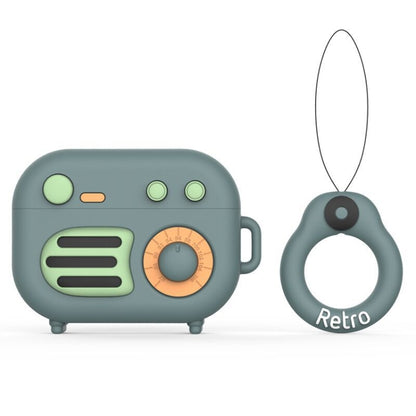 2 PCS Retro Radio Shape Protective Cover Silicone Case for AirPods Pro, Green, Blue Gray, Matcha Green, Pink, Green+Finger Ring