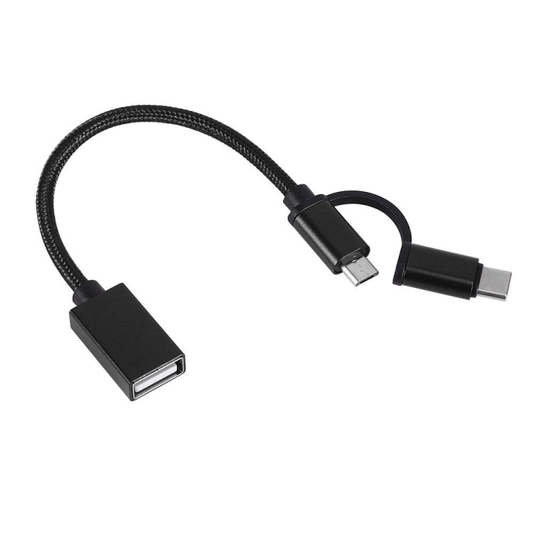 USB 3.0 Female to Micro USB + USB-C / Type-C Male Charging + Transmission OTG Nylon Braided Adapter Cable, Cable Length: 19cm, Golden, Silver, Black, Pink, Blue, Red